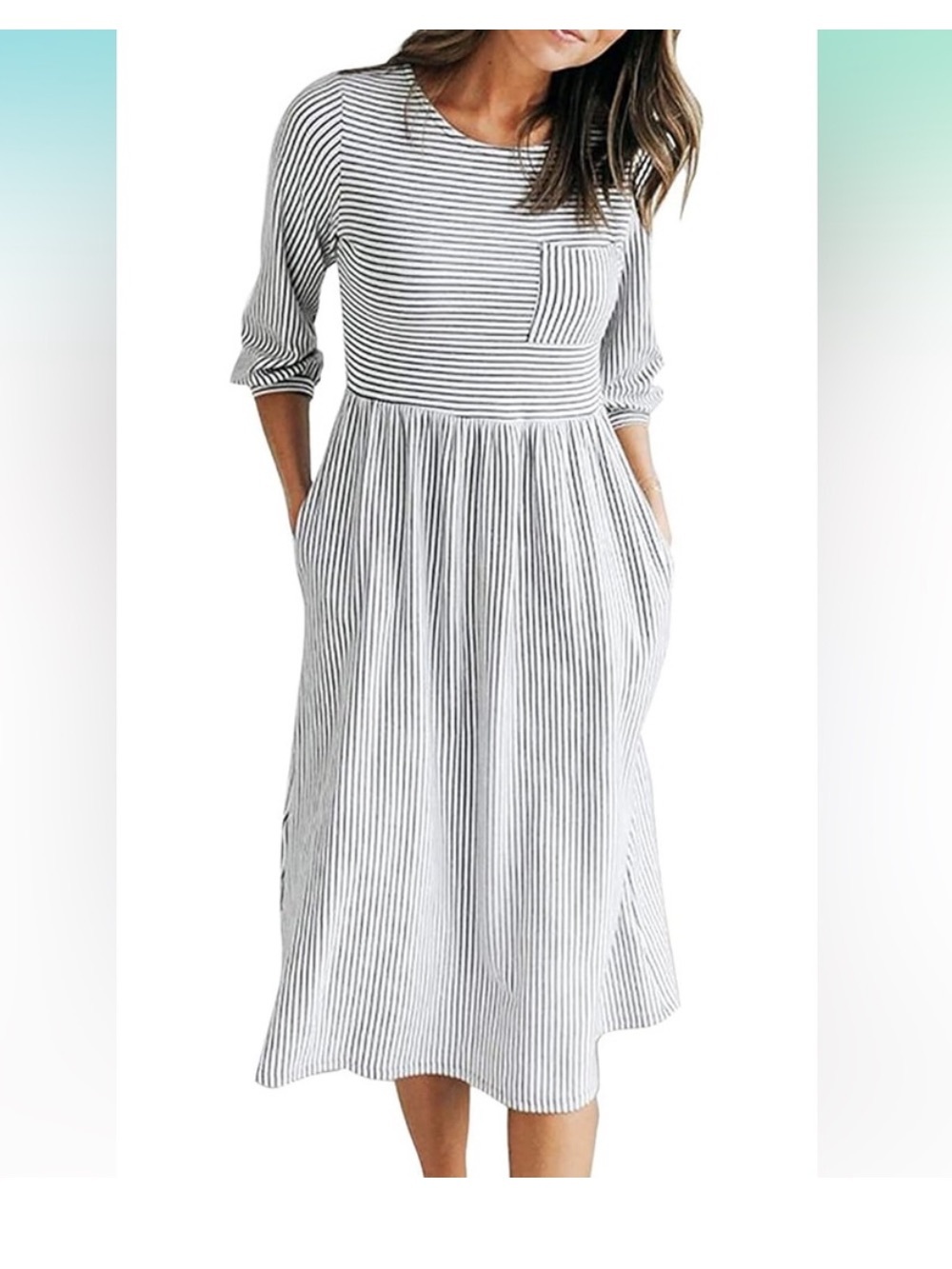 Merokeety Black White Striped Midi Dress XL | Balloon Sleeve Pocket Dress